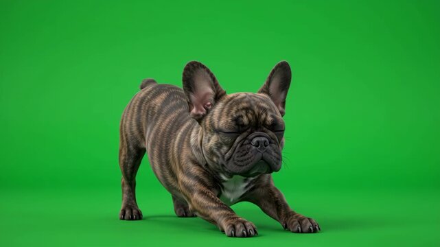 Playful Brindle French Bulldog Stretching on Green Screen Background.