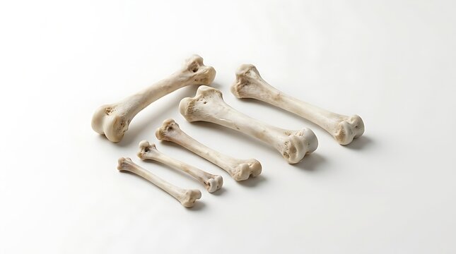 A collection of clean animal bones arranged by size on a white background, highlighting the significance of chicken bone calcium in skeletal health nutrition.
