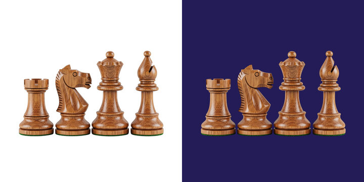 Set of four wooden chess pieces including rook knight queen and bishop transparent png