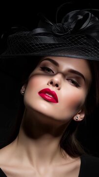 Elegant model in a black hat with veil fashion portrait series of a woman with red lipstick and refined makeup, dramatic poses