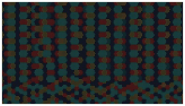 Abstract pixelated pattern with colorful stripes.