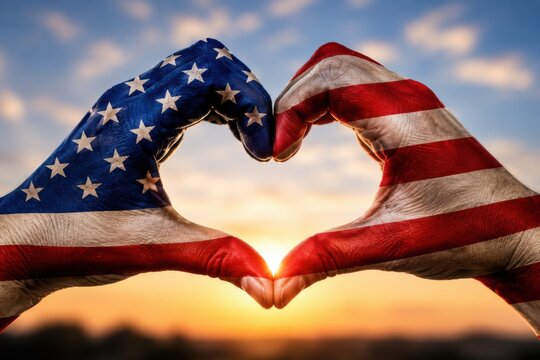 Hands making a heart shape painted with the american flag at sunset