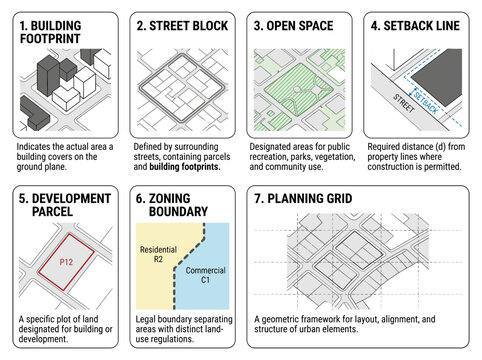 Diagram illustrates different urban planning concepts such as building footprint street block open space setback line zoning boundary and planning grid