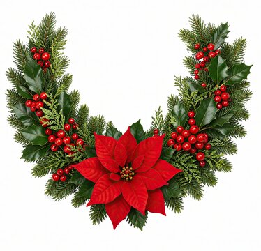 Christmas wreath with holly branches and a red poinsettia flower for holiday decor