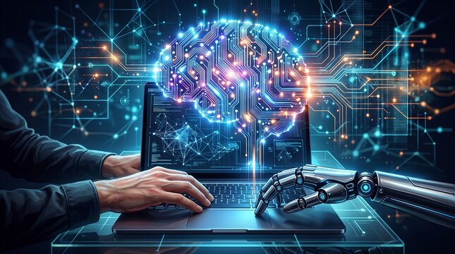 A futuristic concept of human and robotic hands working together on a laptop with a glowing digital brain representing artificial intelligence.