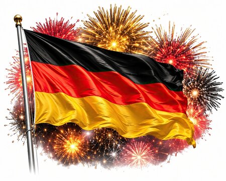 Waving german flag with bright colorful fireworks display isolated on white background