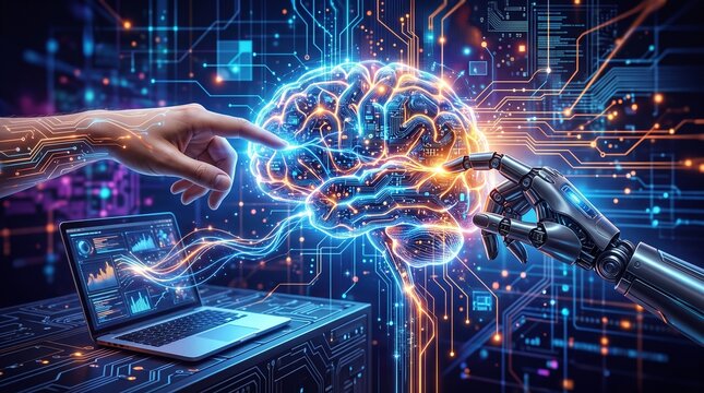 A futuristic concept of human and robotic hands working together on a laptop with a glowing digital brain representing artificial intelligence.