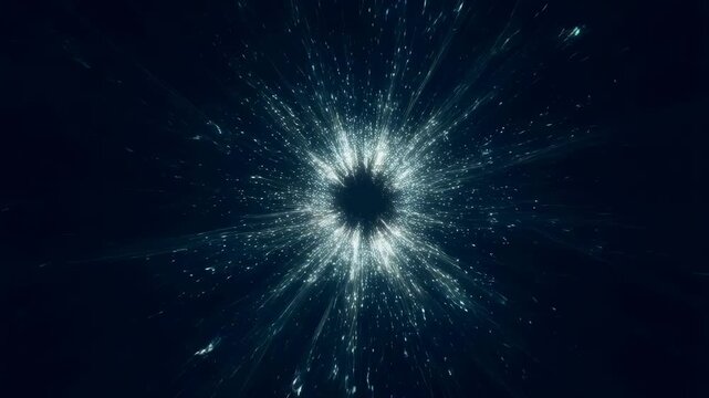 Central dark void emits radiating glowing particles outward in a dark background. Smooth animated scene for media, visual effects and abstract digital art.
