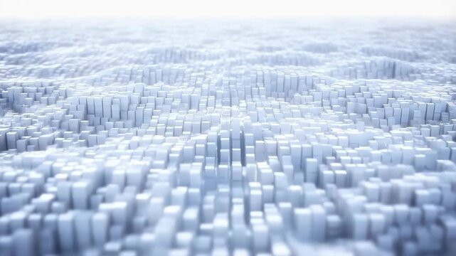 3D grid of white blocks moves up and down creating flowing wave patterns. Particle movement and soft lighting create an abstract motion background.