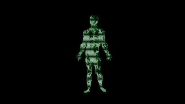 Digital Human Figure Green Matrix Code Black Background