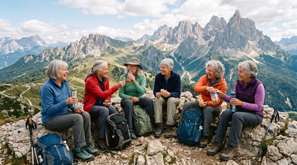 Fototapeta premium Active senior women enjoying a mountain hike break with snacks and scenic views