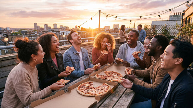 Diverse friends enjoying pizza and laughter on a rooftop at sunset