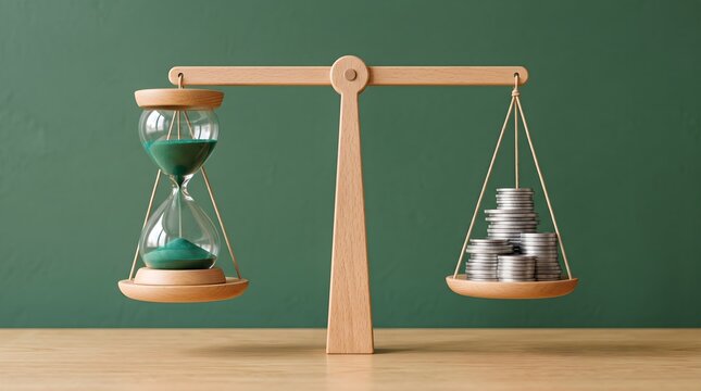 Time and money balance on wooden scales hourglass coins weighing.