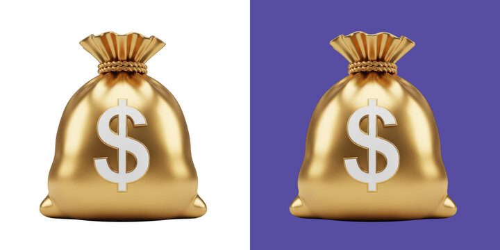 Golden money bag with dollar sign 3D render graphic design element transparent png