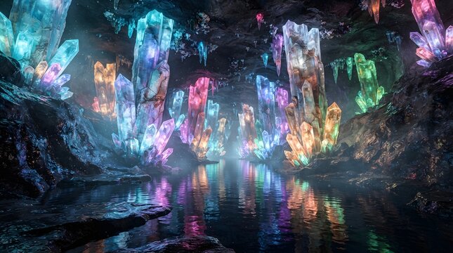 Magical cave interior with colorful crystal formations and a reflective water pool