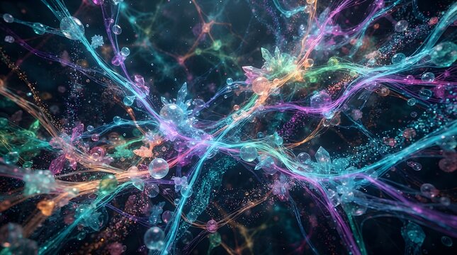 Abstract neural network with glowing connections and crystalline structures digital art