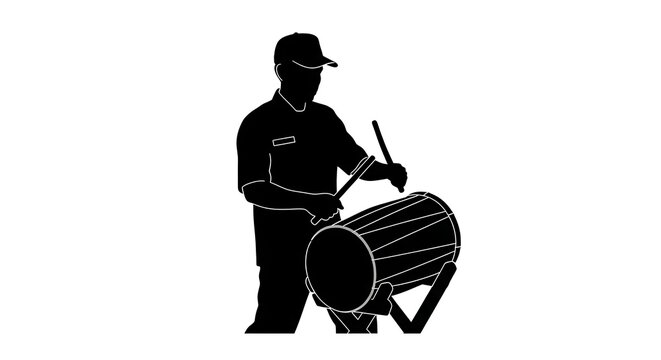 Silhouette of a man in uniform playing a traditional drum
