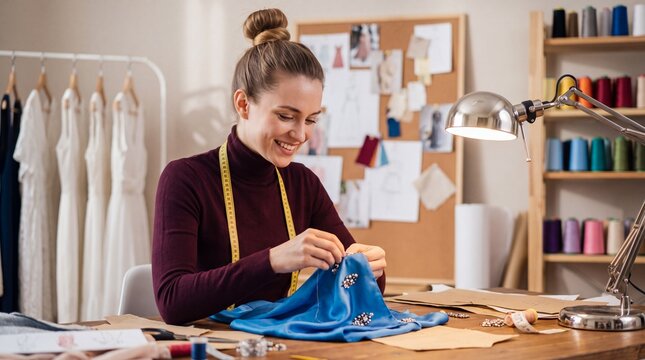 Female fashion designer sewing blue fabric with embellishments at a well-organized workspace filled with sewing tools and materials