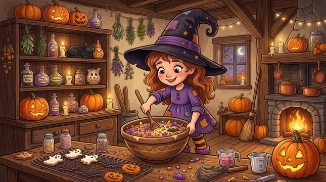 Cute little witch girl baking cookies in a cozy rustic kitchen decorated for halloween with pumpkins and magic potions on wooden shelves