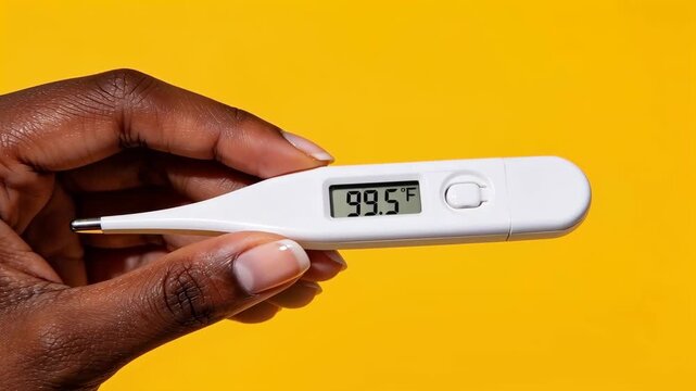 Extreme close-up of a digital thermometer showing a temperature of 99.5 F in a black woman's hand. Low grade fever and seasonal viruses