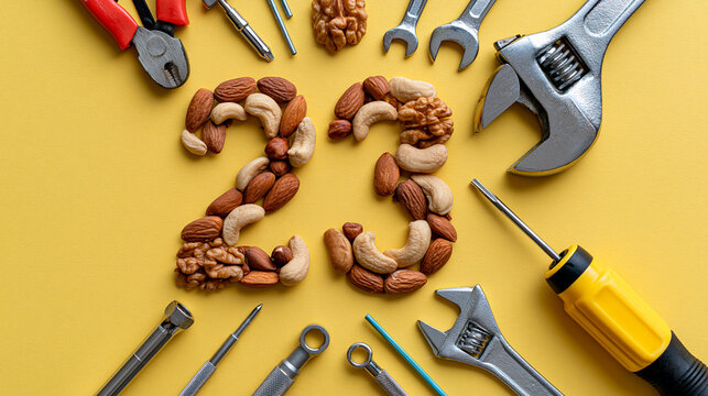 Number 23 created from mixed nuts with mechanical tools arranged around it, industrial worker concept, men's celebration, February holiday, engineering, craftsmanship, creative