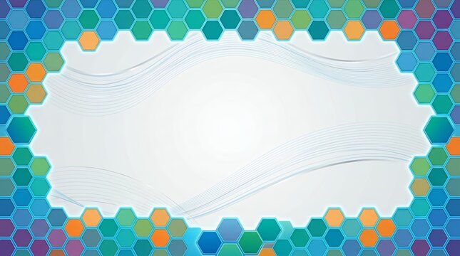 Multicolor hexagonal cell structure border enclosing a central blank corporate layout honeycomb frame background color hexagon cell pattern modern flat simple design corporate web presentation