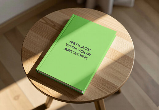 Book cover mockup on a round wooden table in an interior scene with natural sunlight, realistic presentation for graphic design, print, and editorial branding, Template