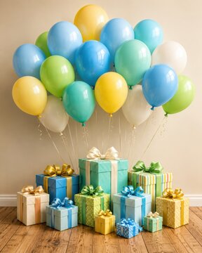 Colorful balloons and gift boxes for a birthday celebration