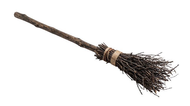 Rustic witch broom isolated on transparent background, traditional Halloween magical accessory