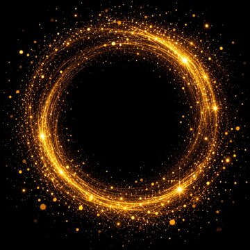 Glowing golden light ring with sparkles isolated on black background