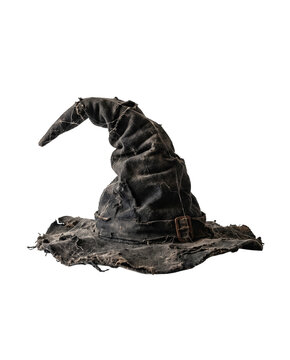 Old black witch hat isolated on transparent background, vintage spooky Halloween costume accessory