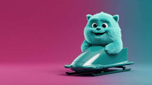 Cute fluffy turquoise monster riding a bobsled. Playful winter sport character with joyful expression, colorful gradient background and copy space for seasonal design.