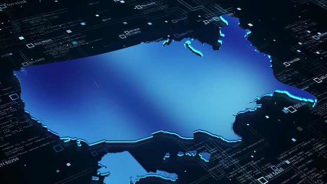 Futuristic USA 19 map by source code, processor digital interface elements. software development, network security, cloud computing, artificial intelligence, government systems data protection