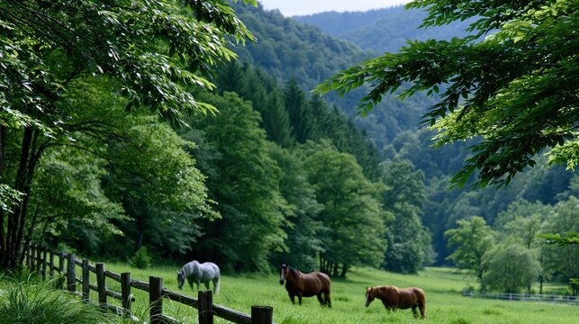 Vibrant European Ranch Scene With Horses Grazing in Lush Green Fields