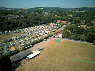 Aerial drone view of Stourport-on-Severn town centre, Worcestershire, England. Bird's eye perspective of the historic market town, streets, red brick buildings, and surrounding landscape. © Xander Multimedia