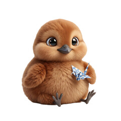 Fototapeta premium Adorable fluffy brown chick holding blue origami crane, cute baby bird character, soft plush texture on white background