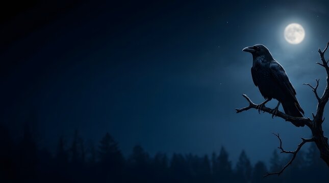 A solitary raven perches on a bare branch beneath a full moon in a dark forest