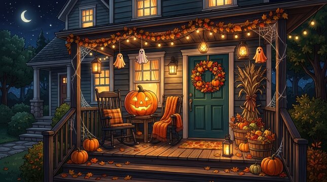 Cozy house porch decorated for halloween night with glowing jack o lantern pumpkins autumn wreath and warm string lights in a spooky evening setting