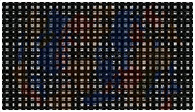 Grunge texture brush strokes blue orange dot grid.