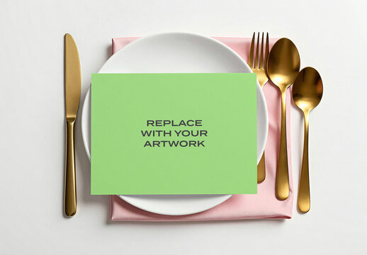 Stationery mockup with text placeholder on a white plate, set gold cutlery and pink napkin surface, minimalist table setting for branding presentation, print design, advertising display