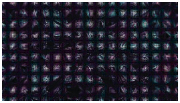 Halftone grid pattern dots neon pink teal backdrop.