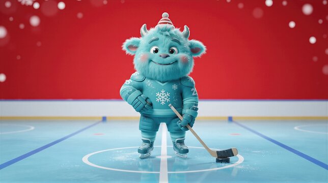 Cute fluffy monster hockey player standing on an indoor ice rink with stick and puck. Playful winter sport character for holiday card, children&rsquo;s story, and seasonal design.