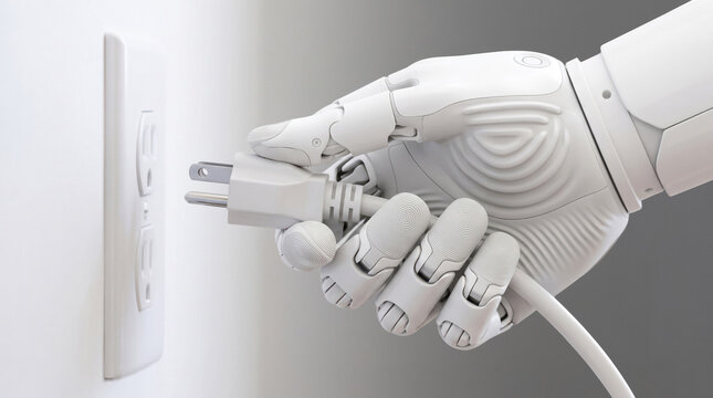 white robot hand plugging plug into socket