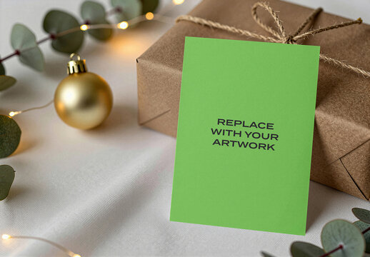 Vertical greeting card mockup displayed on a white table with brown paper gift box, gold ornament, fairy lights, and eucalyptus leaves, Template