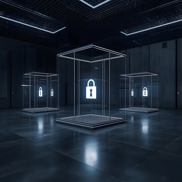 Cyber Security Cubes: Three illuminated glass cubes with digital padlock icons represent data protection and cybersecurity in a modern, dark, and futuristic environment.