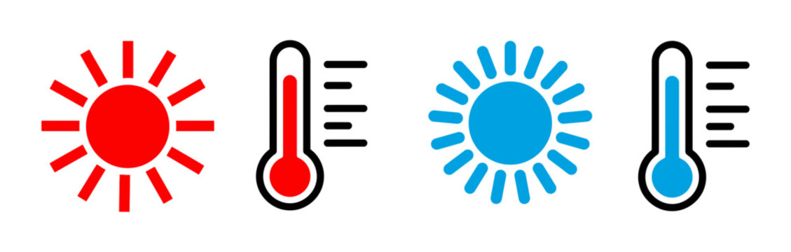 Set of hot and cold weather icons with thermometers and sun symbols for climate and temperature concepts