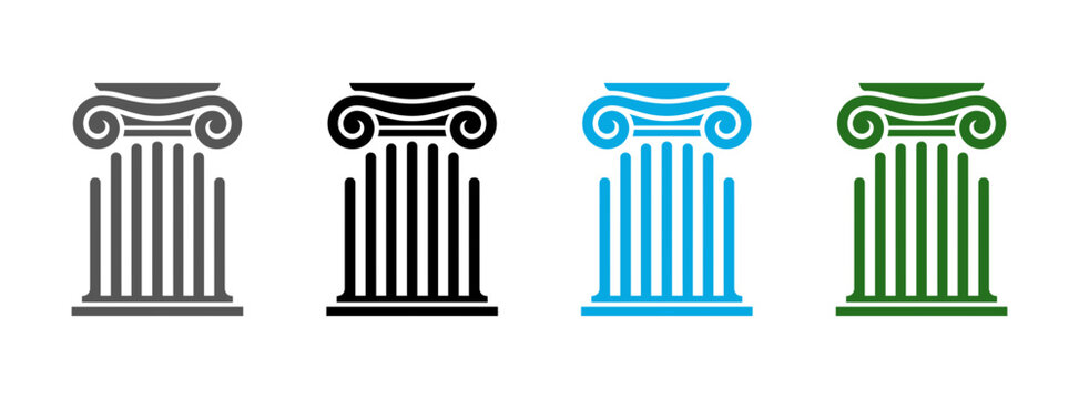 Set of four colorful classical architectural columns with ionic capitals isolated on a simple white background