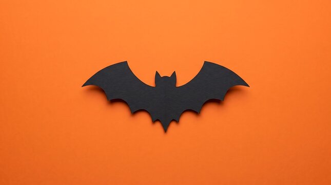 A single black paper cutout bat centered on a bright orange background for halloween decoration