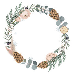Fototapeta premium Charming botanical wreath illustration with dried pine cones, eucalyptus, and soft blush flowers
