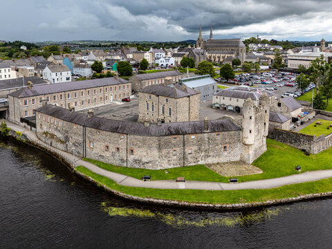 Aerial view of Enniskillen on the banks of Lough Erne in Northern Ireland. Irelands only island town.